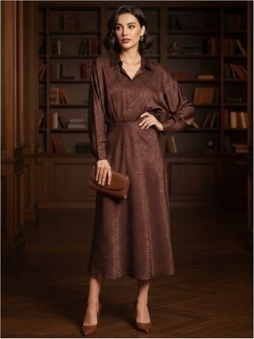 Express Brown Satin Midi Shirt Dress